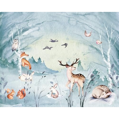 Komar Vlies Fototapete - Animal Sleepover - Größe: 350 x 280 cm (Breite x Höhe) - Babytapete, Waldtiere, Fuschs, Hase, Reh, Kinderzimmer, Tapete - IAX7-0038