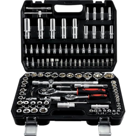 ROYALTY LINE, Steckschlüsselsatz 108-teilig - Aluminium-Werkzeugkoffer - Kfz-Reparaturwerkzeuge - Transportkoffer - Silber - 38,5 x 28 x 8 cm