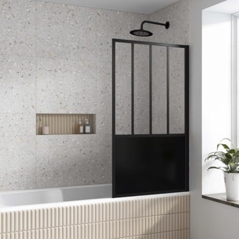 AURLANE Duschwand, drehbar, 130 x 75 cm, Industrietyp – Profil schwarz matt – Hartglas – Glassy Screen
