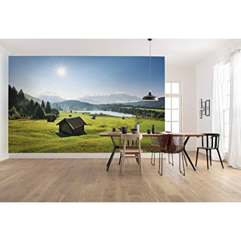 Komar Vlies Fototapete BERGWIESE VOR KARWENDEL | Tapete, XXL, Dekoration, Natur, Landschaft, Schlafzimmer, Wohnzimmer, Büro, Flur | Größe 450 x 280 cm (Breite x Höhe) | SHX9-009