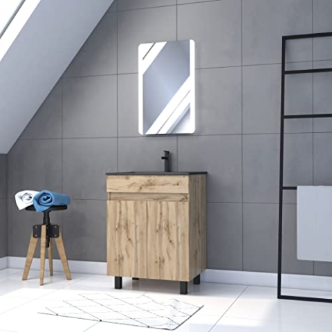 Badezimmerschrank mit 2 Türen/Waschbecken/Spiegel, LED, 60 cm x 80 cm, Eiche Natur