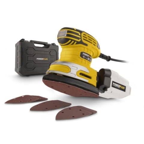 Powerplus Elektro-Handschleifer POWX0481-220 W Multischleifer, 15 Blatt Schleifpapier, Staubauffangbox, Aufbewahrungskoffer - Schleifen von Holz & Keramik - Trockenbau Wand Schleifer