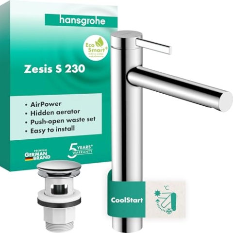 hansgrohe Zesis S - Waschtischarmatur mit Push-Open Ablauf, energiesparend (CoolStart), Wasserhahn Bad mit Auslaufhöhe 230 mm, Mischbatterie Waschbecken wassersparend (EcoSmart+), Chrom, 74732000