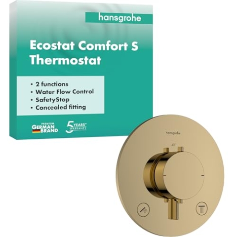 hansgrohe Ecostat Comfort S - Duschthermostat Unterputz, Duscharmatur mit Sicherheitssperre (SafetyStop) bei 40° C, Thermostat für die Dusche, für 2 Verbraucher, Polished Gold Optic, 33715990