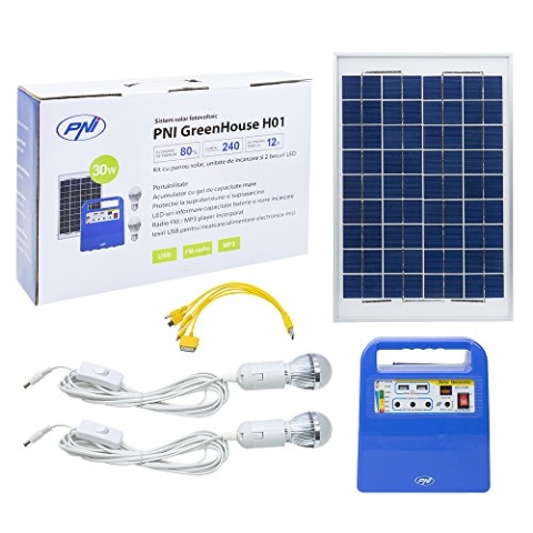 PNI Solarpanel Tragbarer Solarstrom-Stromerzeuger Greenhouse H01 30W mit 12V / 7Ah Batterie, USB/Radio / MP3, 2 LED-Lampen