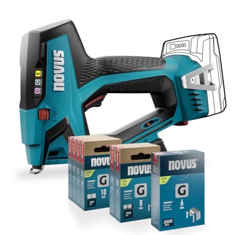 NOVUS TOOLS Akku Tacker J-551 Set mit 9.800 Klammern │ Für Flachdrahtklammern 6-14 mm und Nägel 16 mm │ Kompatibel mit 18V Li-Ion CAS Akku │ Ohne Akku und Ladegerät │ Profi-Tacker für Holz