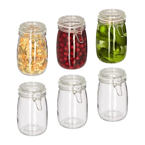 Relaxdays Einmachgläser, 6er Set, 1 l, Deckel & Bügelverschluss, Einkochen & Aufbewahren, Vorratsgläser, transparent, 17 x 11 x 15 cm, 6