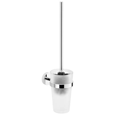 tesa EXXCELLENT Toilettenbürsten-Set, verchromt, mit satiniertem Glas - zur Wandbefestigung ohne Bohren, inkl. leistungsstarker Klebelösung - 94mm x 445mm x 136mm