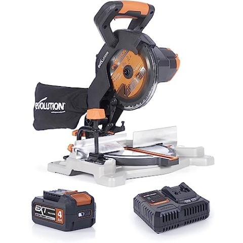 Evolution Power Tools R185CMS-Li Akku-Gehrungs- und Kappsäge mit Mehrzweck-Schneide, 850 W – 4 Ah Akku & Ladegerät, 185 mm TCT-Sägeblatt im Lieferumfang enthalten, 3 Jahre Garantie