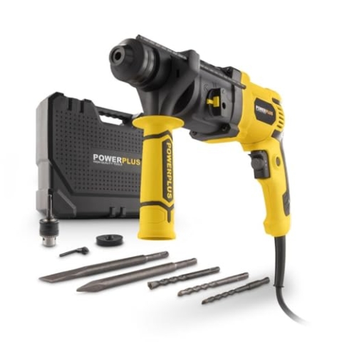POWER plus Elektro-Schlagbohrmaschine POWX1170-4 in 1: (Schlag-) Bohren Meißeln und Meißeldrehung, 750 W Bohrmaschine, 3,5 J, Links-Rechts-Schalter für Schrauben, SDS plus, 6 Zubehörteile