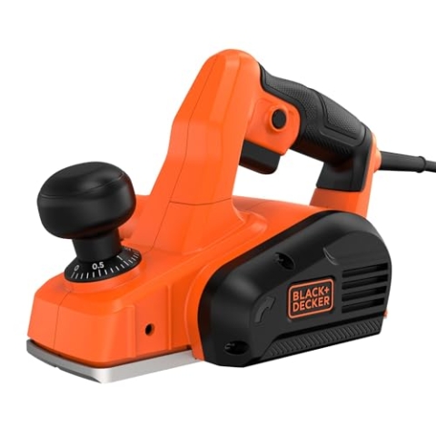 Black+Decker 710W Elektrohobel BEW712 (sehr kompakter Hobel, bis zu 2mm Spantiefe, 11mm Falztiefe, 82mm Schnittbreite, mit Zweithandgriff, inkl. Hartmetall Wendemesser, Absaugadapter & Staubbeutel)