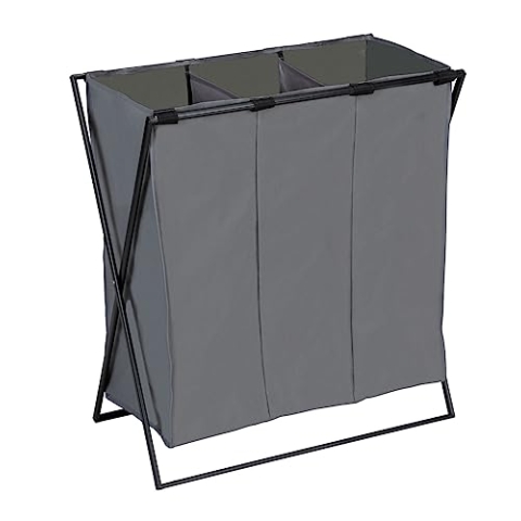 WENKO Wäschesammler Trio XL, Stabiler Wäschekorb mit Eisengestell, DREI Fächern für optimale Wäschetrennung und 145 L Füllmenge, platzsparend zusammenfaltbar, (B x H x T): 69 x 76 x 37 cm, Grau