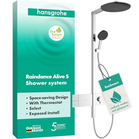 hansgrohe Raindance Alive S - wassersparendes Duschsystem (EcoSmart) mit Thermostat, Regendusche (300mm) mit Armatur, Handbrause (3 Strahlarten), Schlauch, Brausestange und Kopfbrause, Chrom, 24583000