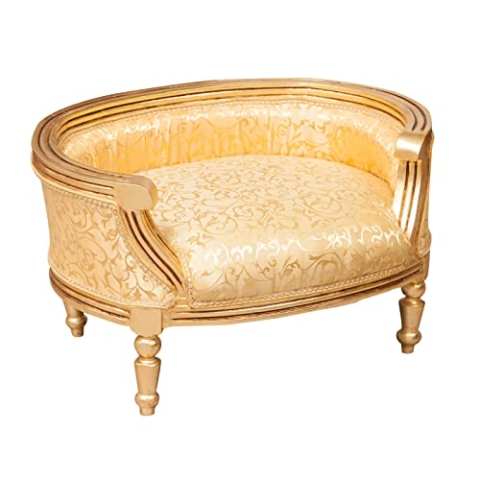 Biscottini Pouf mit Rückenlehne L 53,5 x T 74,5 x H 41,5 cm Gold – Sitzhocker – Hocker – Schlumpf zum Sitzen – Puff im antiken Stil – Sessel – Sessel