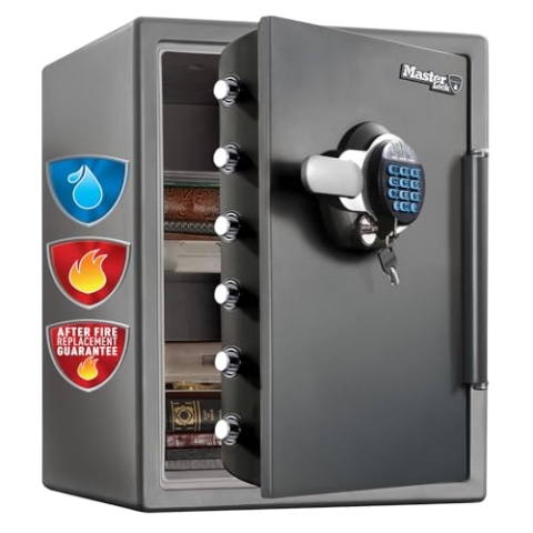 MASTER LOCK Haus/Büro Tresor [Feuer- & Wasserfest] [55,6 L ] [Zahlenkombination & Schlüssel] – LTW205GYC – Für Ausweise, A4-Dokumente, Laptop usw.