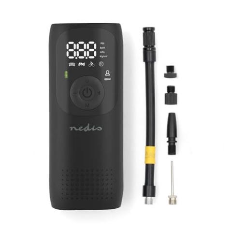 Nedis Wiederaufladbarer Luftkompressor - 0.1-150 psi - Dunlop-Ventil - Betriebsarten: Auto/Motorrad/Fahrrad/Ball - Ja - Luftdruckmesser