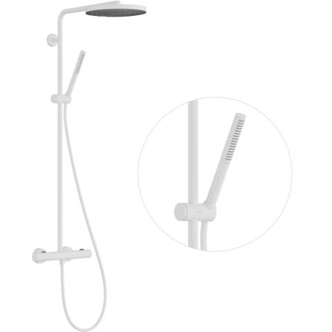 hansgrohe Pulsify S Puro - Duschsystem mit Thermostat, Regendusche (260 mm) mit Armatur, Handbrause, Schlauch, Brausestange und runder Kopfbrause, Mattweiß, 24222700