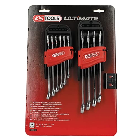 KS TOOLS - 922.0050-10-teiliges Ring-Maulschlüssel-Satz metrisch - Ratschen-Ringmaulschlüssel auf Halterung - bestehend aus 10 Teilen von 8-19 mm - Gabelwinkel und Auge 15° abgewinkelt