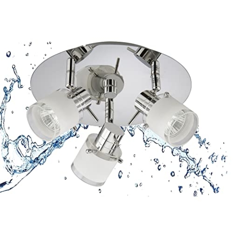 Trango 1006-38R 3-flammig IP44 LED Badleuchte *RONNY* Bad Deckenleuchte mit Glaslampenschirm in Chrom-Optik Rondell, Deckenstrahler inkl. 3x 5 Watt GU10 LED Leuchtmittel, Spots schwenkbar & drehbar
