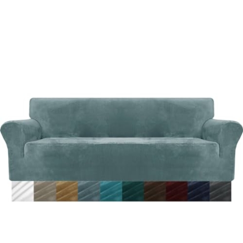 MAXIJIN Dicker Samt Extra große Sofabezüge 4-Sitzer Super Stretch Rutschfester übergroßer Sofabezug für Hunde Cat Pet 1-teiliger XL-Sofabezug elastischer Möbelschutz (4 Sitzer, Staubiges Blau)
