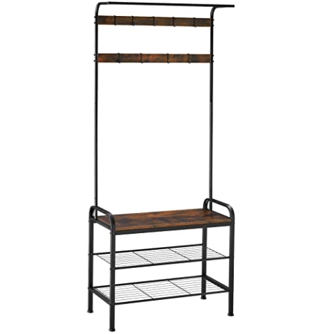 tectake® Garderobenständer mit Sitzbank, Garderobenleiste mit Haken, Wandgarderobe mit Ablage, Kleiderständer, Schuhregal, Schuhbank, offener Kleiderschrank, Flurgarderobe - Industrial dunkelbraun