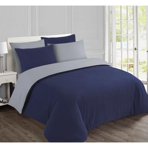 Vision Wende-Bettwäsche, Flanell, Blau/Grau, Bettbezug 240 x 220 cm, mit 2 Kissenbezügen für Doppelbett, 100% Baumwollflanell, weich und warm