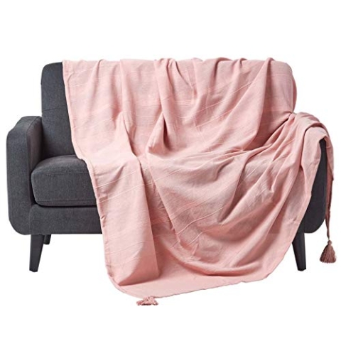 Homescapes Tagesdecke/Sofaüberwurf/Plaid Rajput in Rosa – 255 x 360 cm – handgewebt aus 100% Reiner Baumwolle in RIPP-Optik