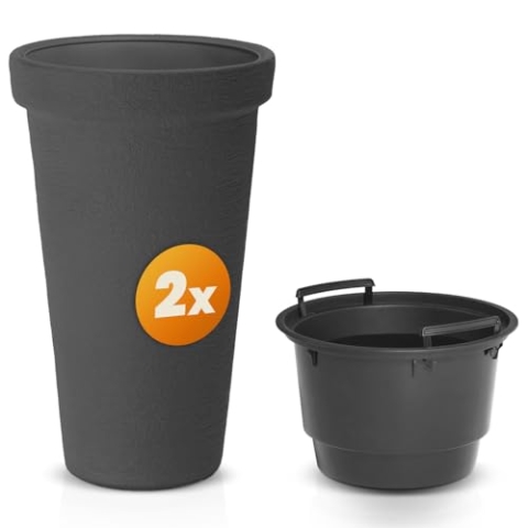 Casaria® 2X Blumentopf 42L 63x40cm XXL Pflanzkübel Hoch Rund Kunststoff Winterfest Grau Garten Terrasse Übertopf Pflanzkasten Blumenkübel Anthrazit