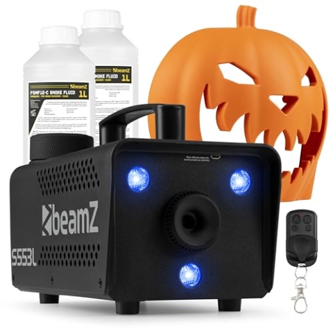 BeamZ S553L Nebelmaschine Halloween Deko mit LED Kürbis Kopf - 550 Watt Rauchmaschine mit 2L Flüssigkeit, 2-in-1 mit Halloween Kürbis Deko, 16 Farben Lichteffekt, Soundeffekt Nebelmaschine Mini