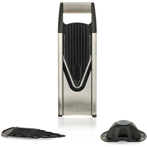 Börner Gemüsehobel V6 (Basis Set) • Edelstahl Hobel mit V-Klinge • Verstellbarer V-Hobel für Gemüse & Obst • Gemüseschneider für Scheiben in 3 Schnittstärken • Inkl. Fingerschutz