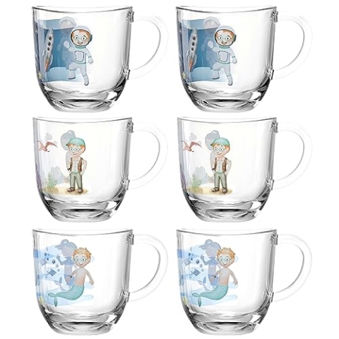 LEONARDO HOME Bambini Avventura Tassen-Set 6-teilig - Kinderbecher mit Motiv aus dickwandigem Glas - Inhalt 280 ml - mikrowellengeeignet, robust - 6er Set mit verschiedenen Motiven, 023683