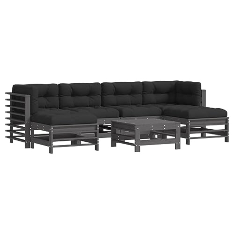 vidaXL Garten Lounge Set 7-TLG., Gartenmöbel Set mit Kissen, Sitzgruppe für Garten Terrasse, Modular Sofa Garnitur Loungemöbel, Grau Massivholz