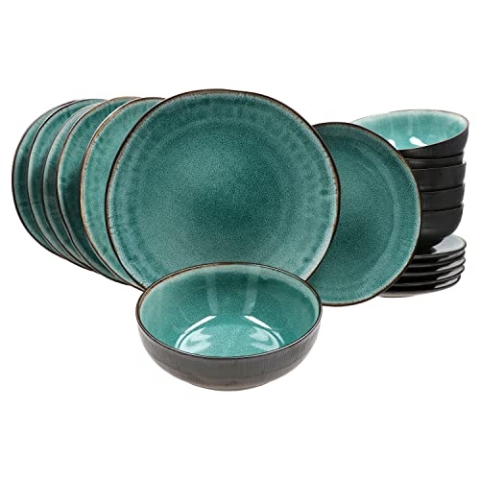 Mambocat Reactive Glaze Green 18-tlg. Teller Set I 6 Personen I mintfarbene handgefertigtes Geschirr-Set mit Kupfer-Optik I Je 6x Speiseteller, Bowl-Schalen & Frühstücksteller I Steingut