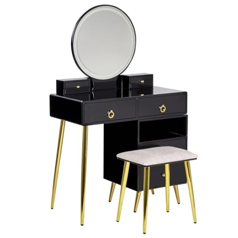 Beliani Schminktisch mit LED-Spiegel rund 6 Schubladen Hocker schwarz Glamour YVES