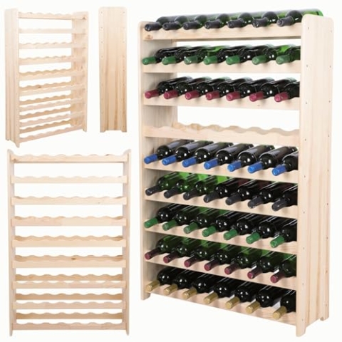 MODO24 Flaschenregal, Weinregal Holz für 63 Flaschen, Weinschrank, Weinständer, Getränkeregal, Weinflaschenhalter, Flaschen Organizer, Weinschrank, Abmessungen 113x73x25 cm, Farben: Naturholz