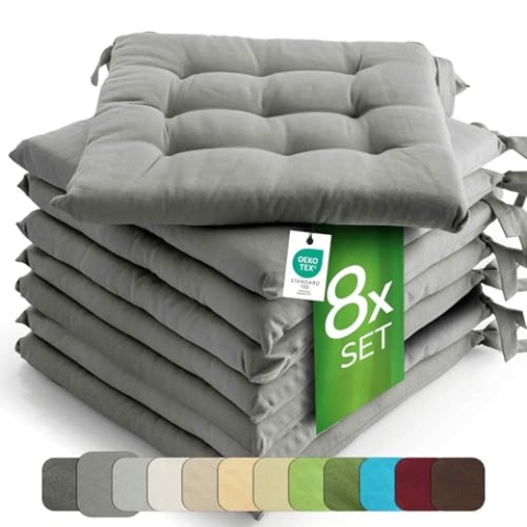etérea 8er Set Sitzkissen Outdoor 40x40 mit Bändern - Stuhlkissen Grau für Gartenstuhl & Innenbereich - waschbare Sitzauflagen Gartenmöbel - 8 Stück Kissen 40x40 cm - Grau