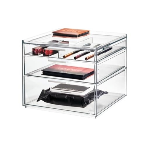 iDesign Make-up Organizer, Schmink Aufbewahrung mit 3 Schubladen aus der Signature Series by Sarah Tanno, Mini Kommode mit Schubladen aus Kunststoff für Make-up und Tools, Transparent