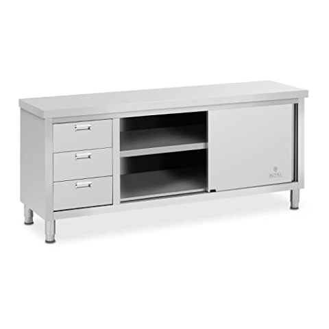 Royal Catering Arbeitsschrank Edelstahl 200 x 60 x 85 cm 500 kg Tragkraft 3 Schubladen Gastro Edelstahlschrank