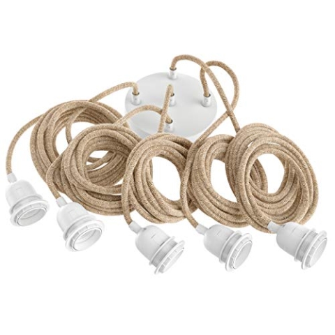 Hoopzi - Pendelleuchte 5 Flamming - 3,5m Textilkabel Seil und Weiß - 5 X E27 Fassung - Vintage, Industrial Für Esstisch, Wohnzimmer, Esszimmer, Zimmer, Schlafzimmer, Küche