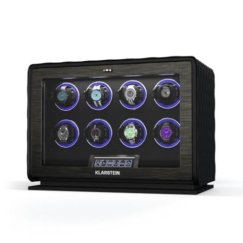 Klarstein LuminousTime Uhrenbeweger für 8 Uhren – Automatik-Uhrenbeweger mit Flüsterleisem Japanischem Motor, LCD-Touchpanel & Fernbedienung, 20 TPD-Einstellungen, RGB & LED-Beleuchtung, Veganes Leder