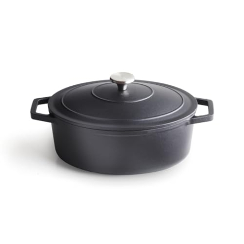 Qulinart by Brandt - Bräter Oval Individuell 30 cm - Inhalt 4,7 l - Deckel aus Gusseisen mit Knopf aus Edelstahl - Induktionsgeeignete - Backofenfest - Mattschwarz