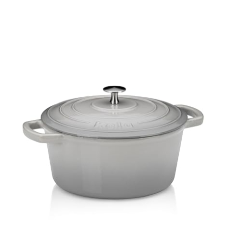 kela Bräter Gusseisen rund 3,8 Liter, Dutch Oven CALIDO, Induktion Gussbräter mit Deckel, Gusseisen Topf Brot backen, emailliert, hellgrau, Grau