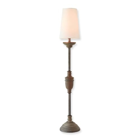 LOBERON Tischlampe Caylus, Schlanke Silhouette, Klassischer Schirm, Eleganter Fuß, Wohn-Accessoire, Tischleuchte, Nachttischlampe, Mangoholz, Eisen, Baumwolle, weiß/braun