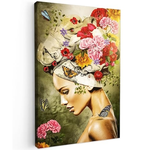 MuchoWow Leinwand Bilder, Einzigartige Wanddeko mit Rahmen, Frau - Blumen - Farben - Schmetterlinge - Rosen - Kopftuch, Wandbilder Wohnzimmer, Deko Schlafzimmer 60x90 cm