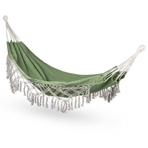 Outtec Hängematte 200x150cm, Bis 200 kg, Für 1-2 Personen, Aus Baumwolle, Boho Möbel für Garten, Balkon, Terrasse, Atmungsaktiv für Kinder und Erwachsene, Khaki