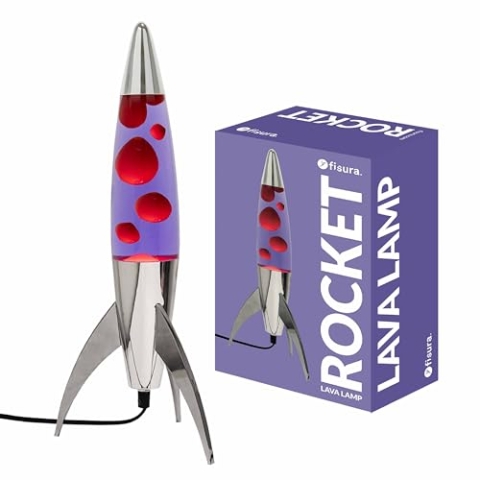 Fisura – Lila Lavalampe "Rocket" mit schwarzem Sockel, violetter Flüssigkeit und weißem Wachs. Retro-Lavalampe mit Ersatzbirne, ideal für Wohnzimmer, Schlafzimmer und Büro. Maße: 20 x 20 x 45 cm.