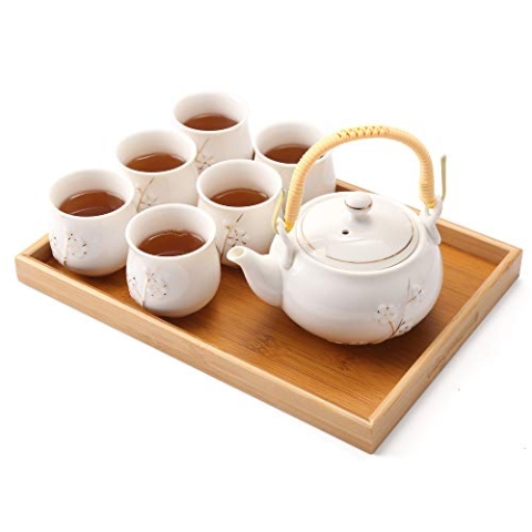 DUJUST japanisches Teeservice, weißes Porzellan-Teeservice, süßes asiatisches Teeservice für Teeliebhaber (Pflaume in Gold)