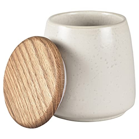BITZ Vorratsbehälter, Praktische Aufbewahrungsdose aus Steinzeug mit Holzdeckel, Höhe 12 cm, Matt Creme