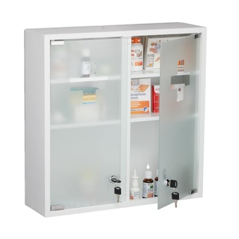 Relaxdays Medizinschrank, 2 türig, abschließbar, 3 Fächer, HBT 53x52,5x15,5 cm, Medikamente, Arzneischrank hängend, weiß, Stahl, 53 x 52,5 x 15,5 cm