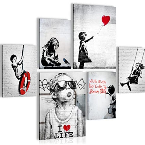 Novart Wandbilder Set Banksy Collage Street Art Grau - KEIN EXTRA RAHMEN BENÖTIGT - Modern Deko - Wohnzimmer Büro Loft N003163a